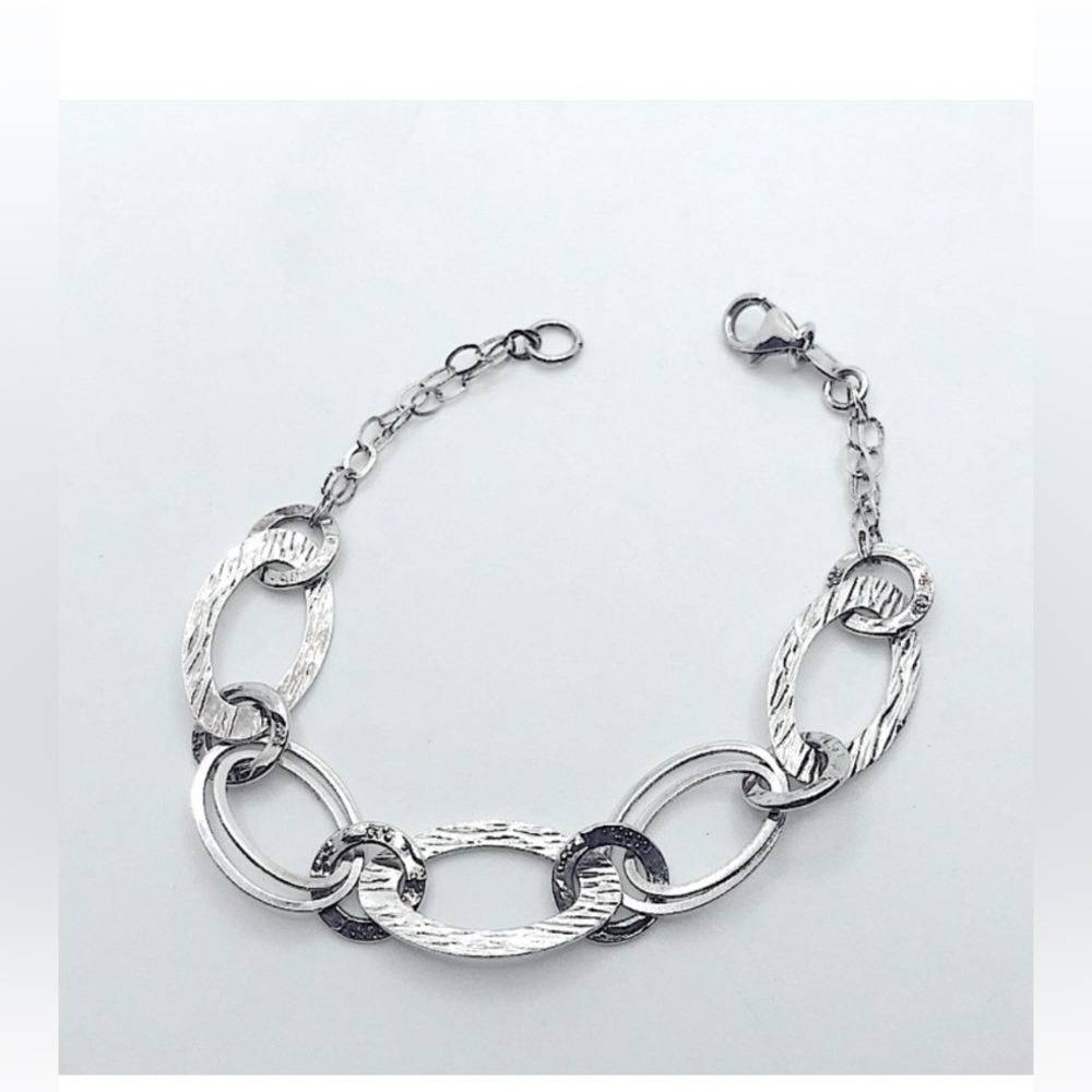 Vtg Sterling Silver Brushed Woodgrain Design Circle Link Bracelet 925 Italy 7.2”